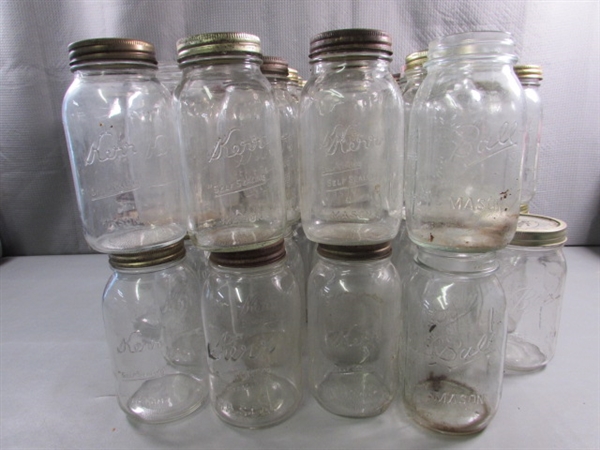 7+ DOZEN QUART CANNING JARS - MOSTLY BALL & KERR - VINTAGE TO MODERN