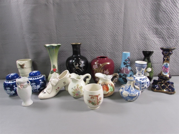 VINTAGE/ANTIQUE & MODERN VASES, CANDLE HOLDERS & MORE