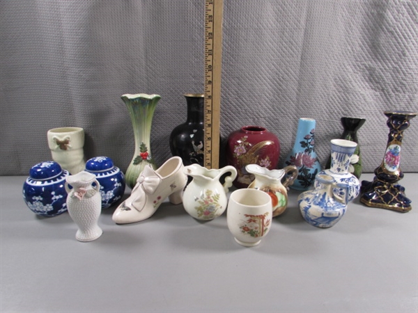 VINTAGE/ANTIQUE & MODERN VASES, CANDLE HOLDERS & MORE