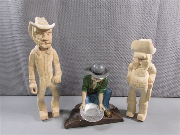 HAND PAINTED CERAMIC MINER & 2 WOOD CARVED COWBOYS