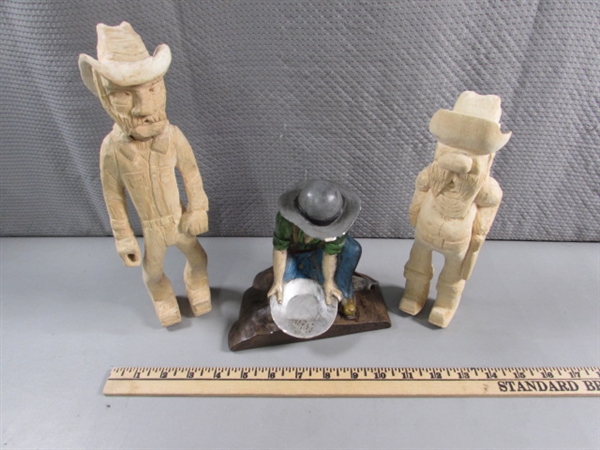 HAND PAINTED CERAMIC MINER & 2 WOOD CARVED COWBOYS