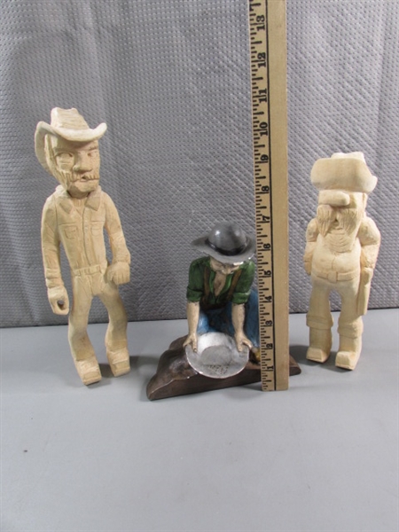 HAND PAINTED CERAMIC MINER & 2 WOOD CARVED COWBOYS