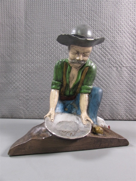 HAND PAINTED CERAMIC MINER & 2 WOOD CARVED COWBOYS