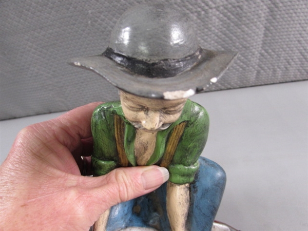 HAND PAINTED CERAMIC MINER & 2 WOOD CARVED COWBOYS