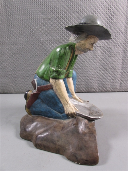 HAND PAINTED CERAMIC MINER & 2 WOOD CARVED COWBOYS