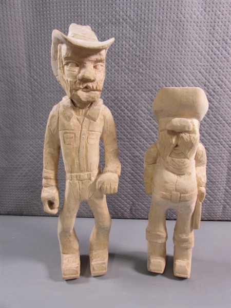 HAND PAINTED CERAMIC MINER & 2 WOOD CARVED COWBOYS