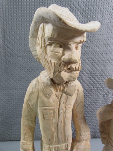 HAND PAINTED CERAMIC MINER & 2 WOOD CARVED COWBOYS