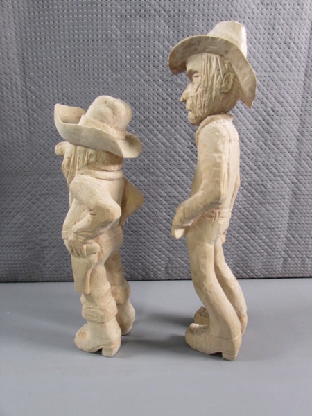 HAND PAINTED CERAMIC MINER & 2 WOOD CARVED COWBOYS