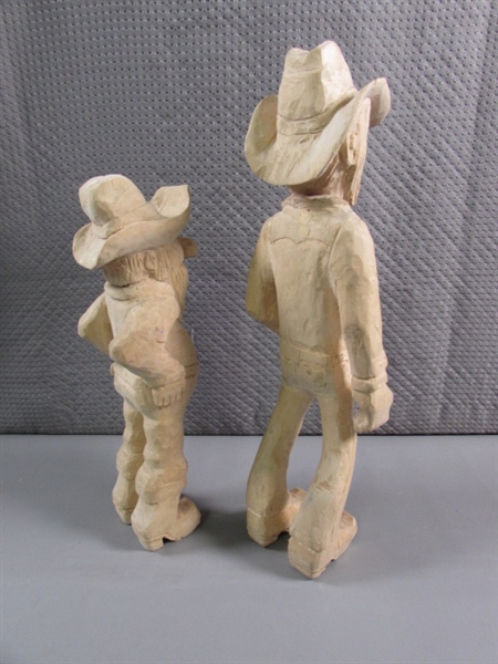 HAND PAINTED CERAMIC MINER & 2 WOOD CARVED COWBOYS