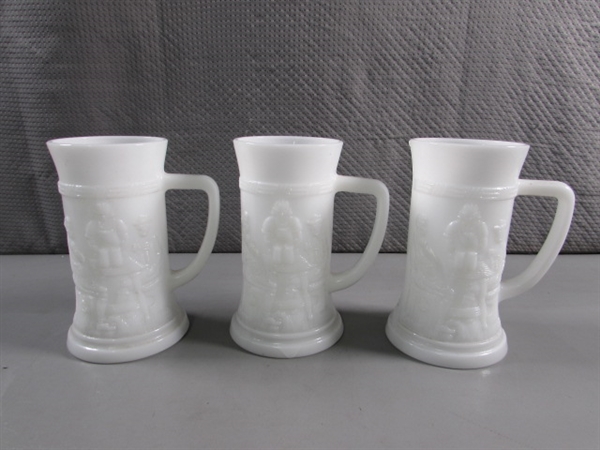 3 VINTAGE MILK GLASS BEER STEINS