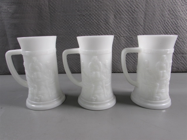 3 VINTAGE MILK GLASS BEER STEINS