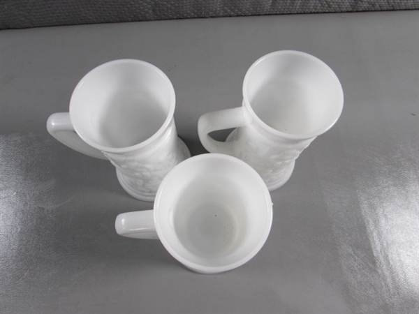 3 VINTAGE MILK GLASS BEER STEINS