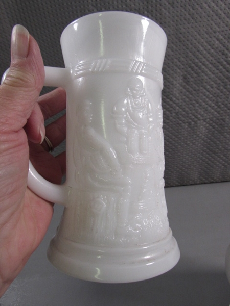 3 VINTAGE MILK GLASS BEER STEINS