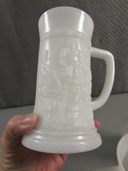 3 VINTAGE MILK GLASS BEER STEINS