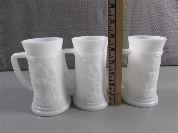 3 VINTAGE MILK GLASS BEER STEINS