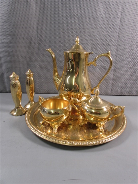 24 KARAT GOLD ELECTROPLATED TEA SET & PLATTER W/CERAMIC SALT & PEPPER SHAKERS