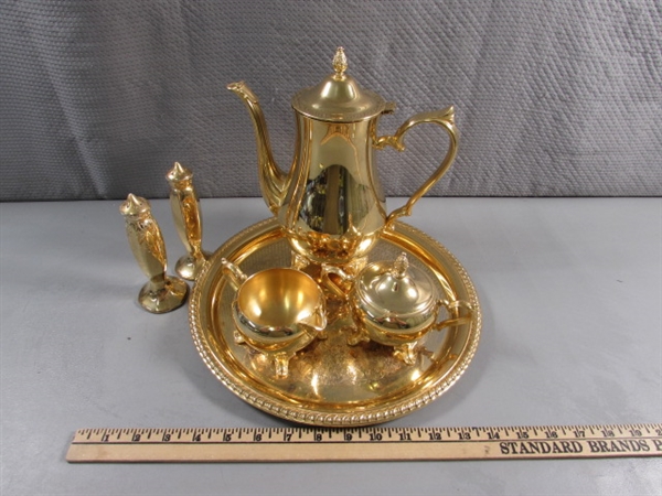 24 KARAT GOLD ELECTROPLATED TEA SET & PLATTER W/CERAMIC SALT & PEPPER SHAKERS