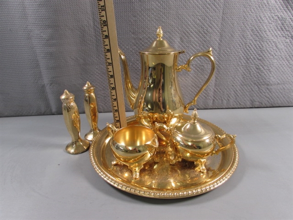 24 KARAT GOLD ELECTROPLATED TEA SET & PLATTER W/CERAMIC SALT & PEPPER SHAKERS