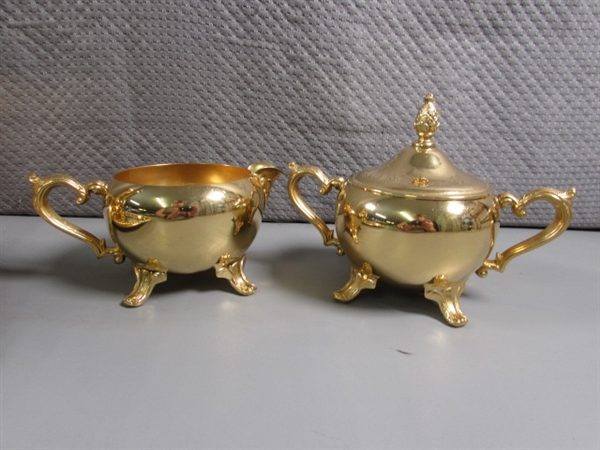 24 KARAT GOLD ELECTROPLATED TEA SET & PLATTER W/CERAMIC SALT & PEPPER SHAKERS