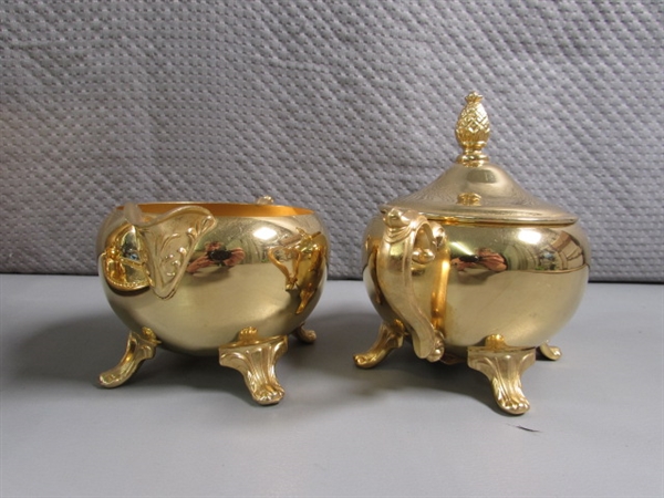 24 KARAT GOLD ELECTROPLATED TEA SET & PLATTER W/CERAMIC SALT & PEPPER SHAKERS