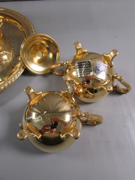 24 KARAT GOLD ELECTROPLATED TEA SET & PLATTER W/CERAMIC SALT & PEPPER SHAKERS