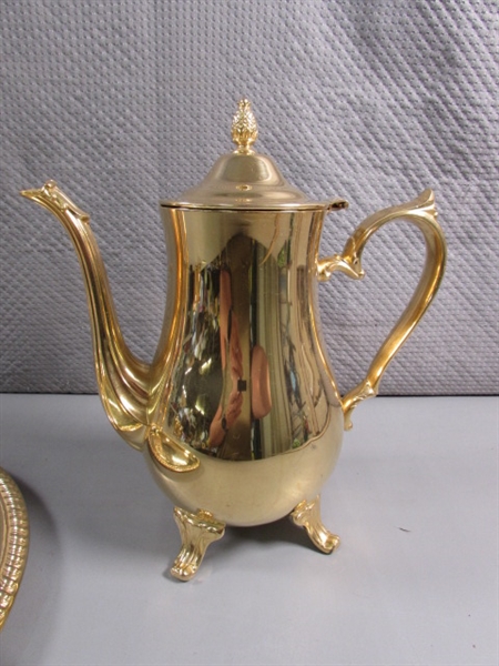 24 KARAT GOLD ELECTROPLATED TEA SET & PLATTER W/CERAMIC SALT & PEPPER SHAKERS