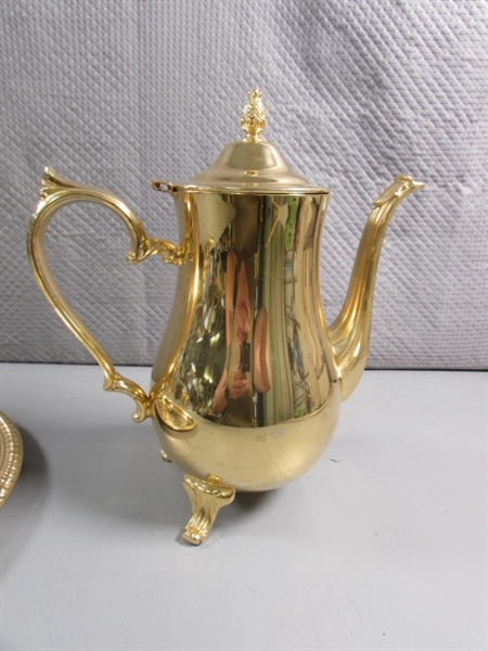 24 KARAT GOLD ELECTROPLATED TEA SET & PLATTER W/CERAMIC SALT & PEPPER SHAKERS