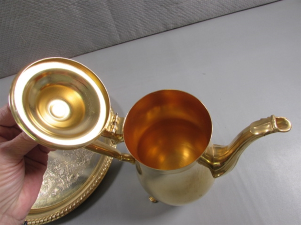 24 KARAT GOLD ELECTROPLATED TEA SET & PLATTER W/CERAMIC SALT & PEPPER SHAKERS