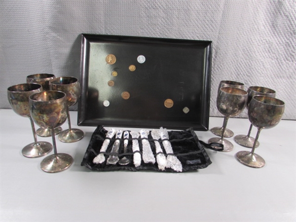 8 SILVERPLATE WINE GOBLETS, CUROCO TRAY & SPOON ROLL