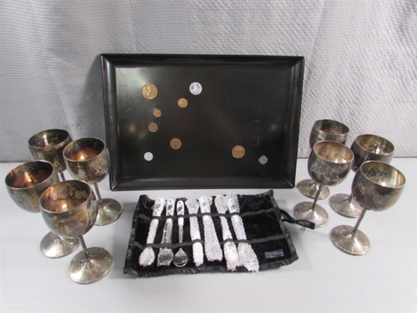 8 SILVERPLATE WINE GOBLETS, CUROCO TRAY & SPOON ROLL