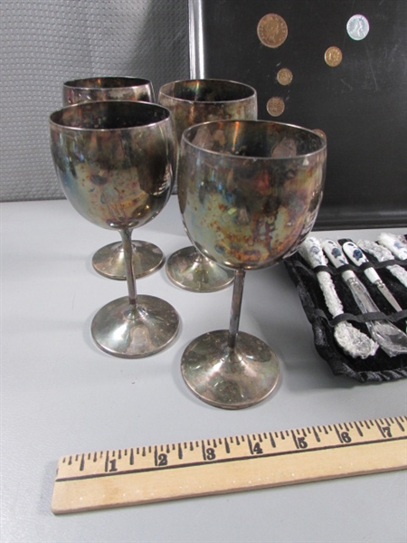 8 SILVERPLATE WINE GOBLETS, CUROCO TRAY & SPOON ROLL