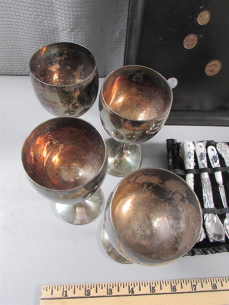 8 SILVERPLATE WINE GOBLETS, CUROCO TRAY & SPOON ROLL