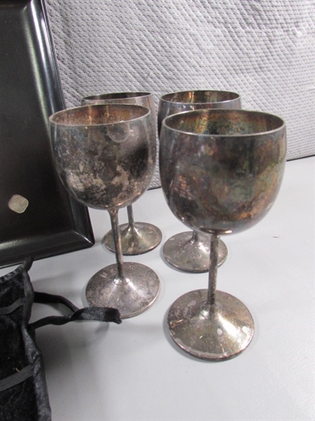 8 SILVERPLATE WINE GOBLETS, CUROCO TRAY & SPOON ROLL