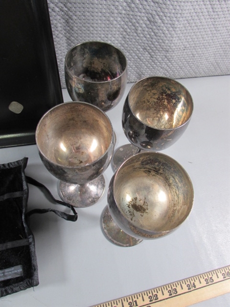 8 SILVERPLATE WINE GOBLETS, CUROCO TRAY & SPOON ROLL