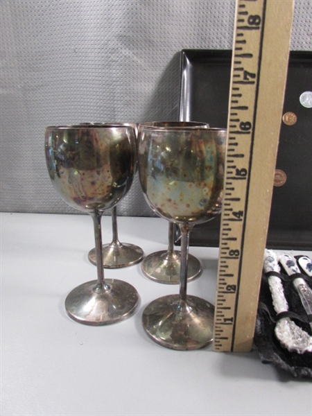 8 SILVERPLATE WINE GOBLETS, CUROCO TRAY & SPOON ROLL