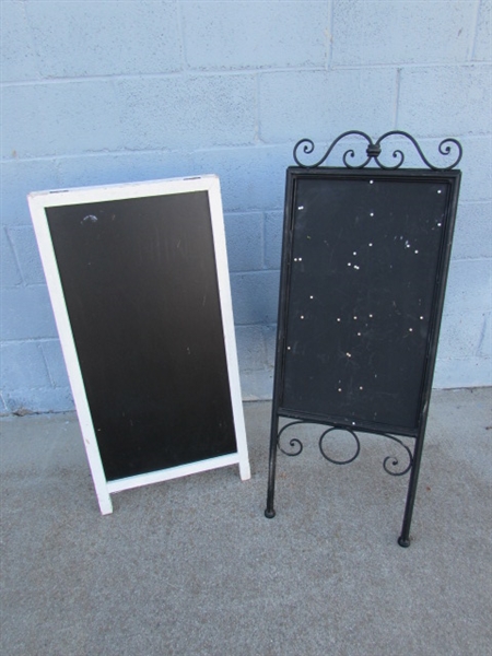 2 A-FRAME SANDWICH BOARDS FOR ADVERTISING 1 IS WOOD, 1 IS METAL