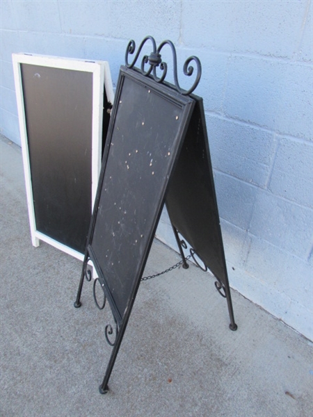 2 A-FRAME SANDWICH BOARDS FOR ADVERTISING 1 IS WOOD, 1 IS METAL