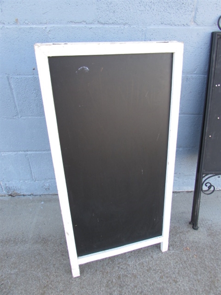 2 A-FRAME SANDWICH BOARDS FOR ADVERTISING 1 IS WOOD, 1 IS METAL