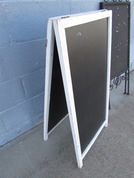 2 A-FRAME SANDWICH BOARDS FOR ADVERTISING 1 IS WOOD, 1 IS METAL