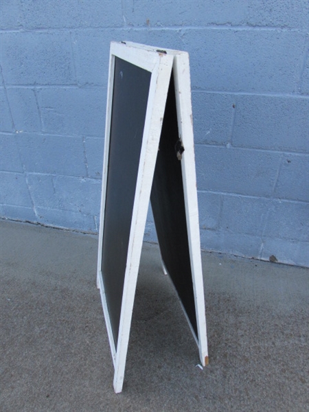 2 A-FRAME SANDWICH BOARDS FOR ADVERTISING 1 IS WOOD, 1 IS METAL