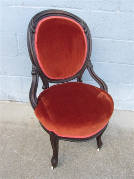 VICTORIAN PARLOR CHAIR W/ORANGE VELVET UPHOLSTERY