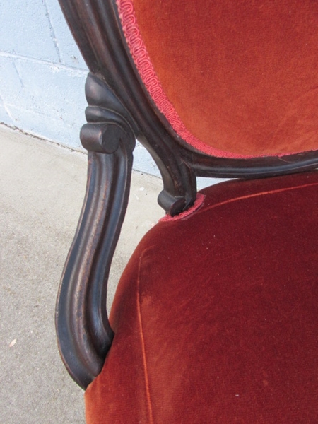 VICTORIAN PARLOR CHAIR W/ORANGE VELVET UPHOLSTERY