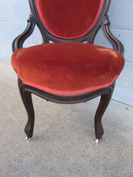 VICTORIAN PARLOR CHAIR W/ORANGE VELVET UPHOLSTERY