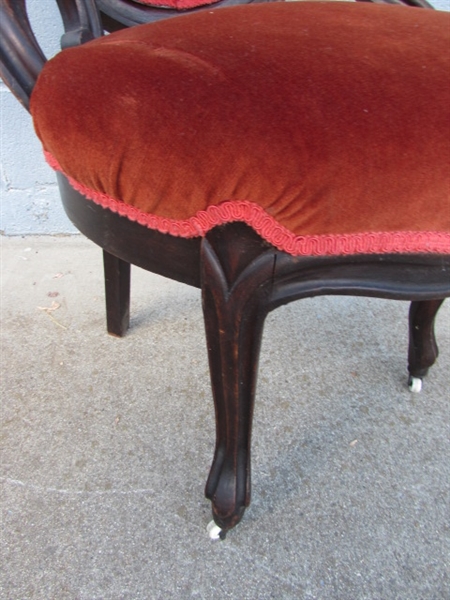 VICTORIAN PARLOR CHAIR W/ORANGE VELVET UPHOLSTERY