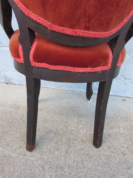 VICTORIAN PARLOR CHAIR W/ORANGE VELVET UPHOLSTERY