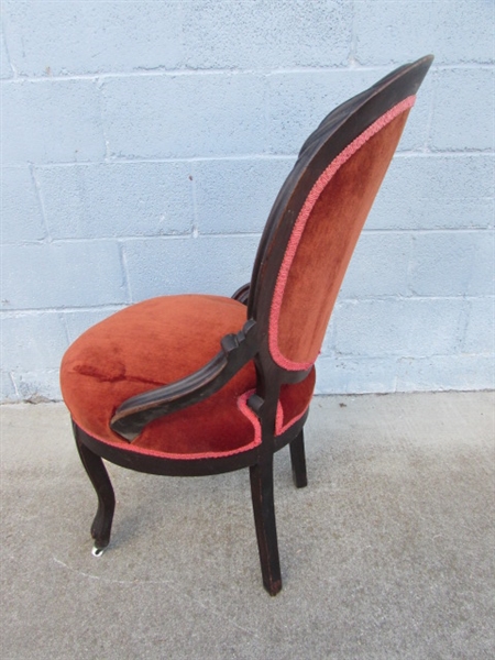 VICTORIAN PARLOR CHAIR W/ORANGE VELVET UPHOLSTERY