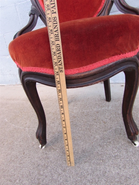 VICTORIAN PARLOR CHAIR W/ORANGE VELVET UPHOLSTERY