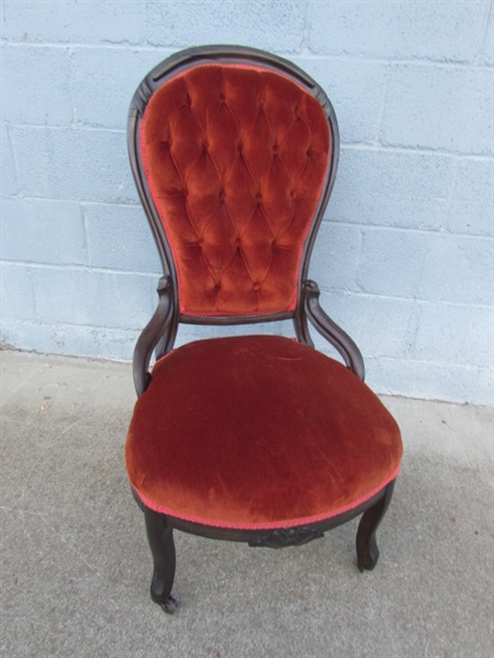 VICTORIAN PARLOR CHAIR W/ORANGE VELVET UPHOLSTERY