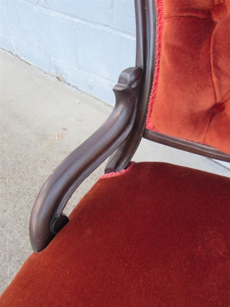 VICTORIAN PARLOR CHAIR W/ORANGE VELVET UPHOLSTERY