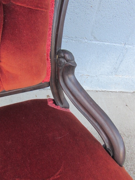 VICTORIAN PARLOR CHAIR W/ORANGE VELVET UPHOLSTERY